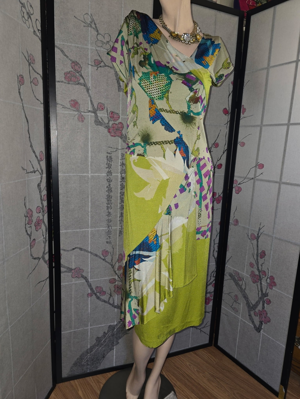 Etro Lime Green Printed Drape Neck Dress - Picture 1 of 3